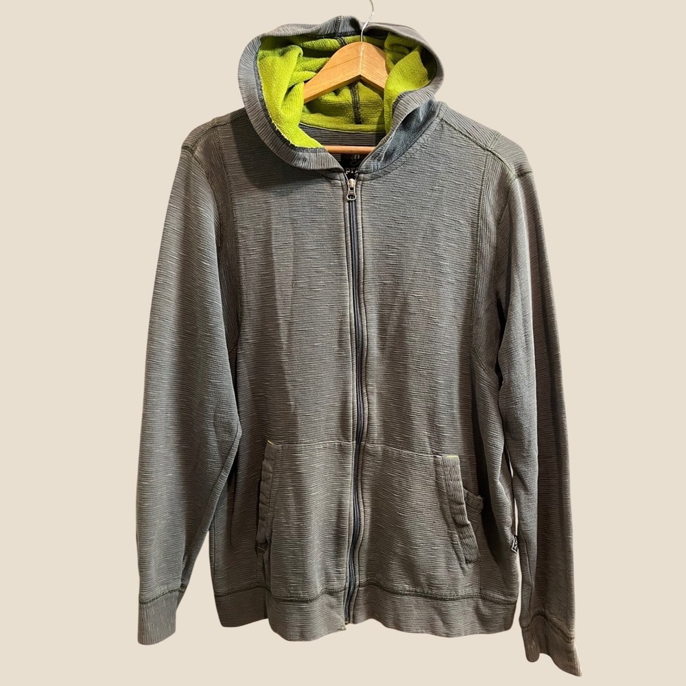 Prana Full Zip Hoodie Mens Large Grey Lime Green Slub Textured Organic Cotton
